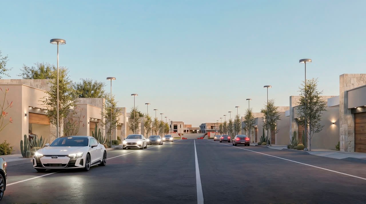 La calle privada del residencial al anochecer, con luminarias, arbolado joven y las casas a ambos lados.