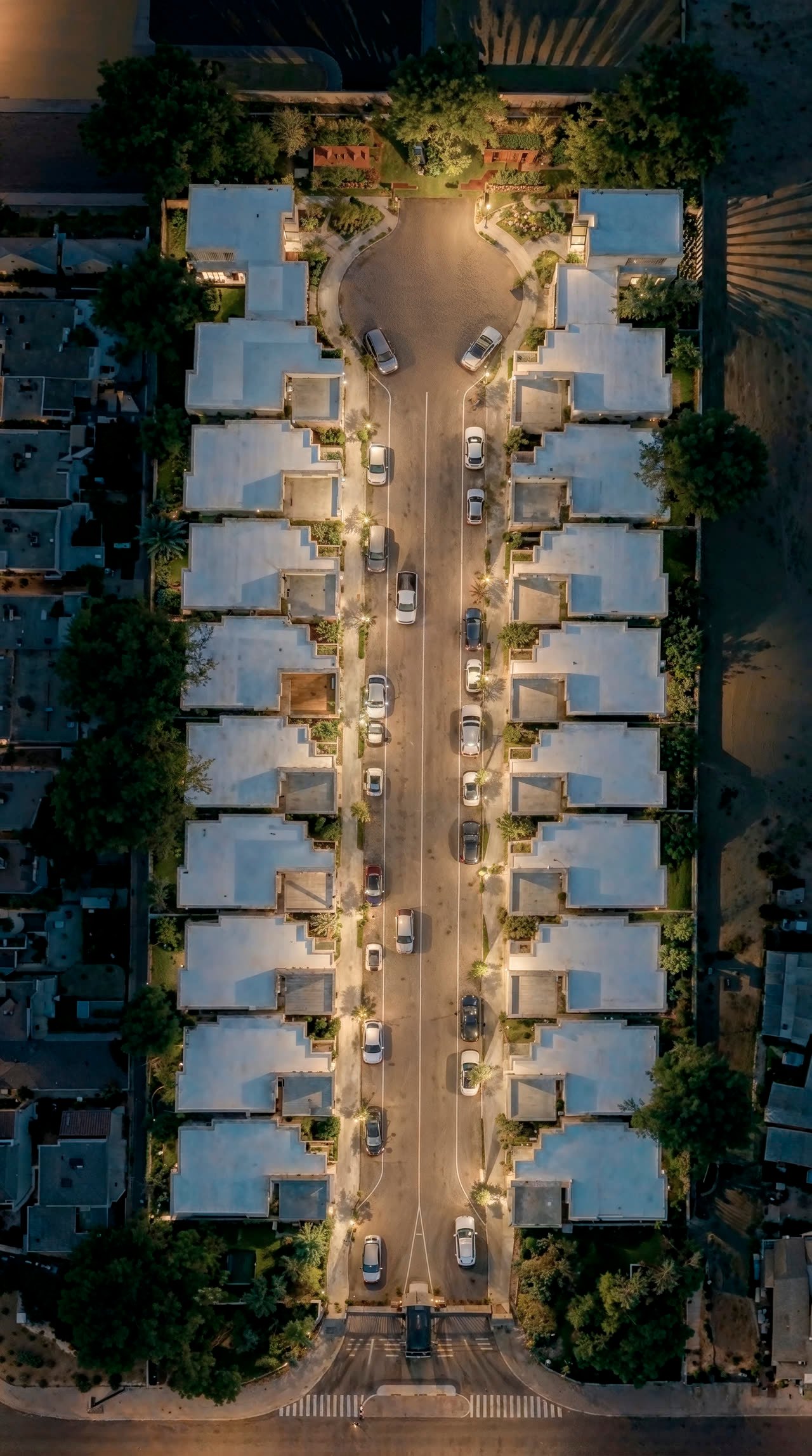 Vista cenital de la cerrada completa: dos hileras de casas enfrentadas, la calle privada entre ellas y el acceso controlado al fondo.